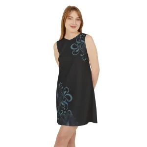 Blue Floral Black A-line Sleeveless Dress