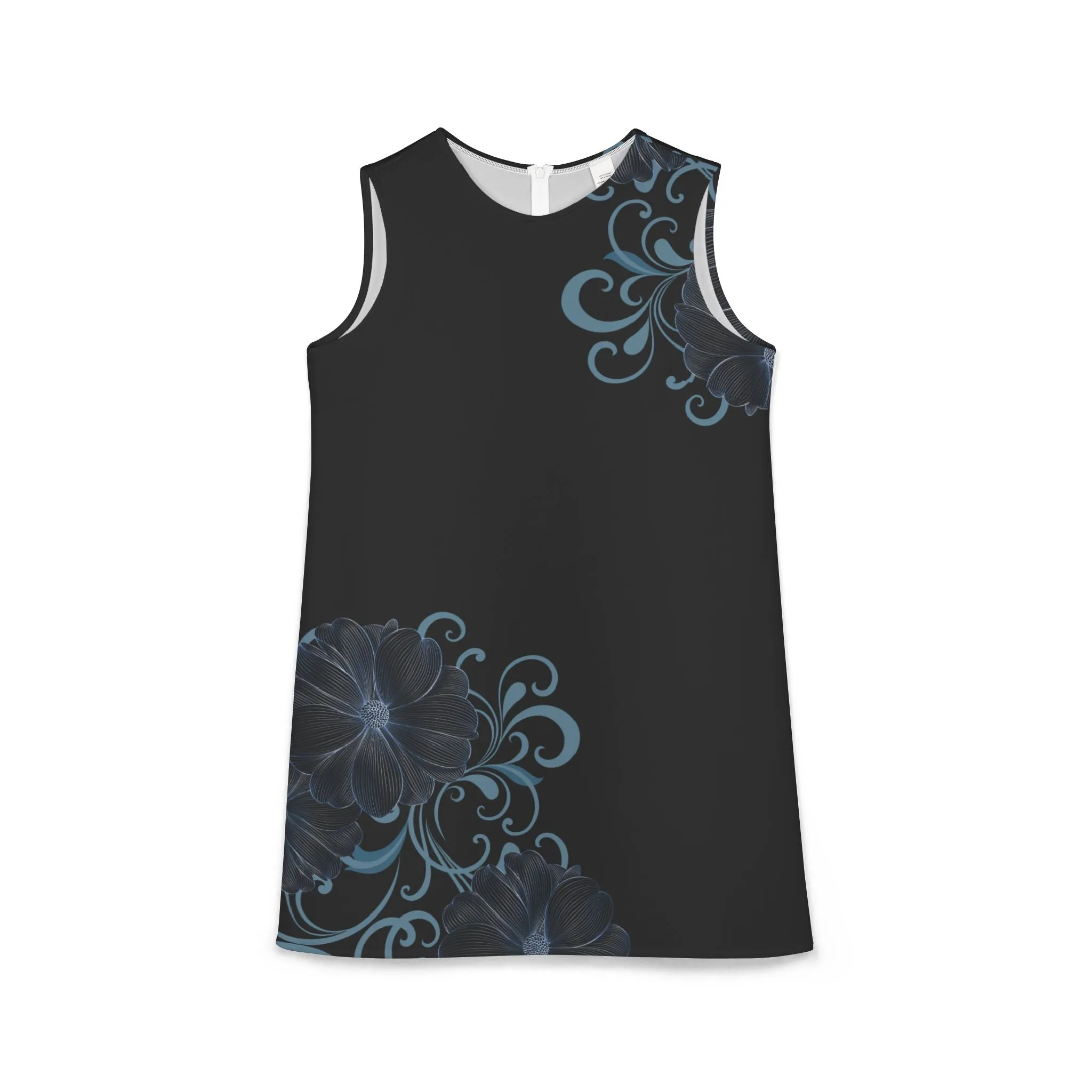 Blue Floral Black A-line Sleeveless Dress