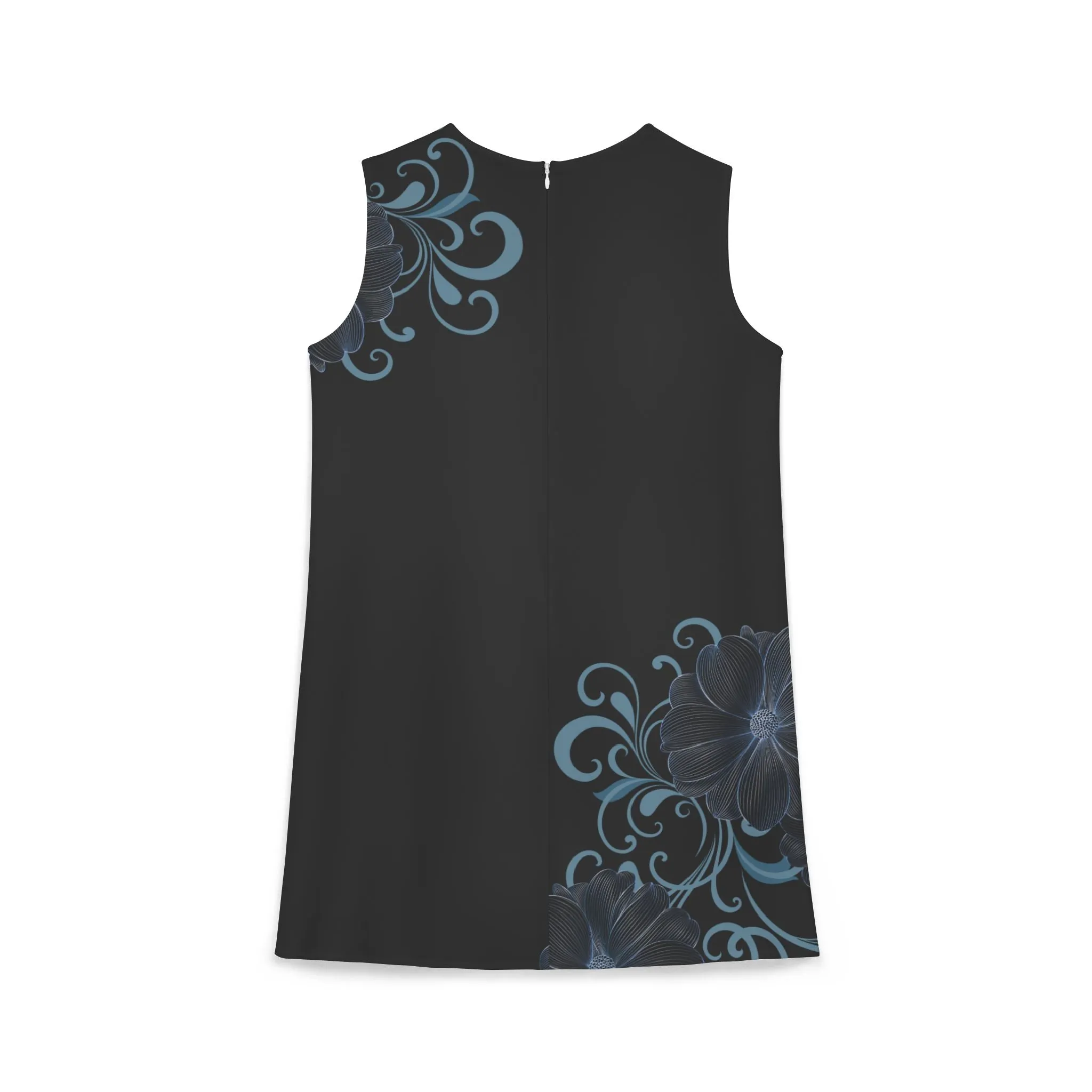 Blue Floral Black A-line Sleeveless Dress