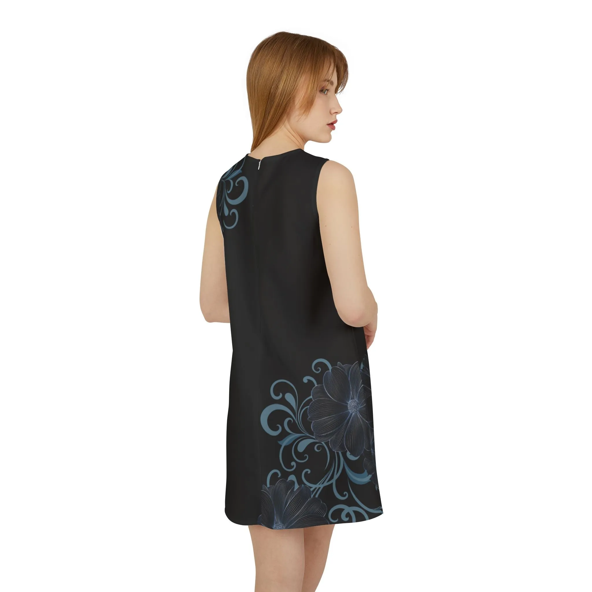 Blue Floral Black A-line Sleeveless Dress