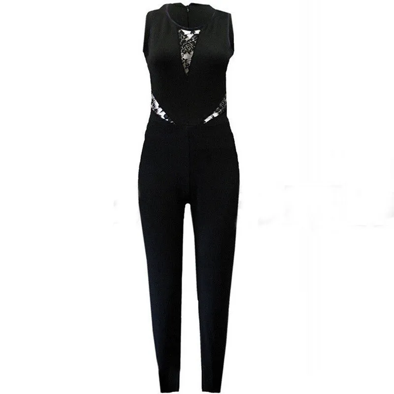 Bodycon Jumpsuits Fashion Womens Sleeveless Lace Patchwork Rompers Playsuits Black Wine Red Plus Size XS-4XL