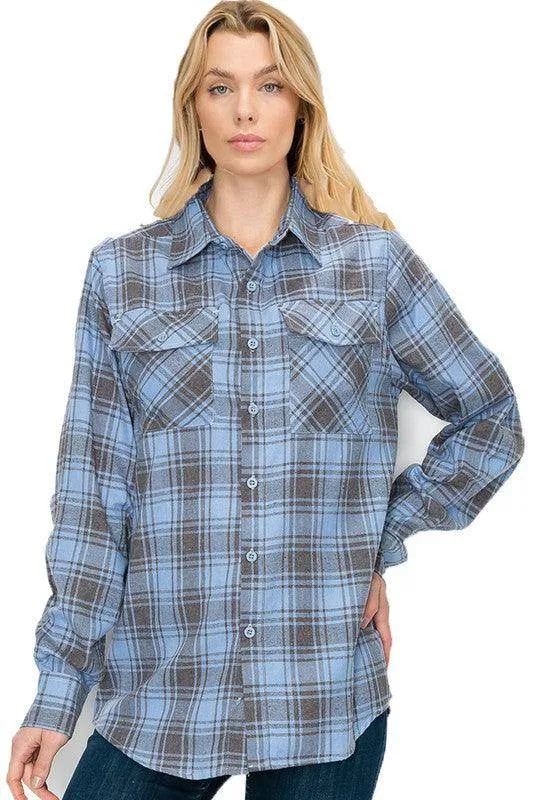 Boyfriend Fit Shirt Checker Plaid Flannel Long Sleeve