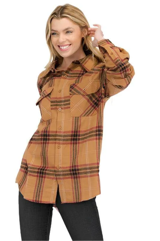Boyfriend Fit Shirt Checker Plaid Flannel Long Sleeve