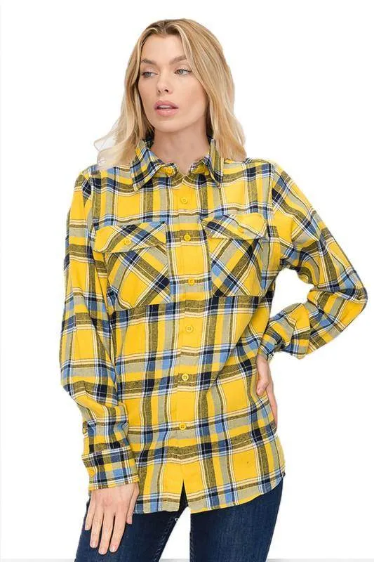 Boyfriend Fit Shirt Checker Plaid Flannel Long Sleeve