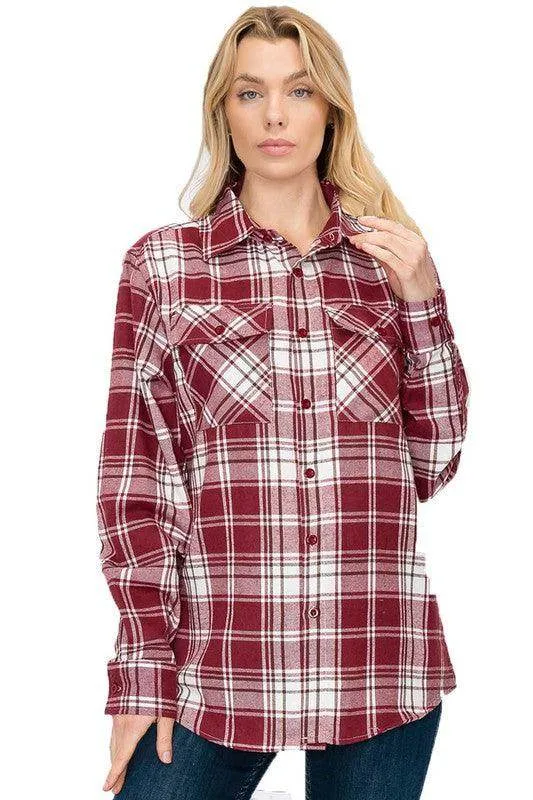 Boyfriend Fit Shirt Checker Plaid Flannel Long Sleeve