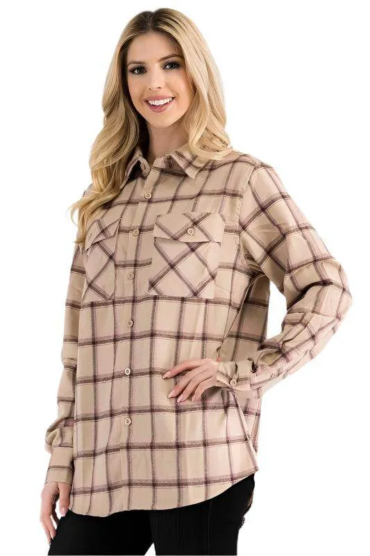 Boyfriend Fit Shirt Checker Plaid Flannel Long Sleeve