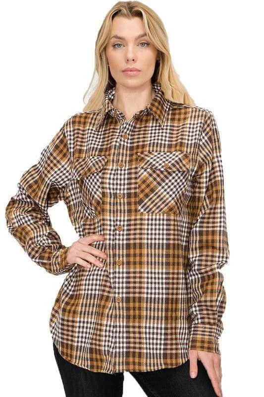 Boyfriend Fit Shirt Checker Plaid Flannel Long Sleeve