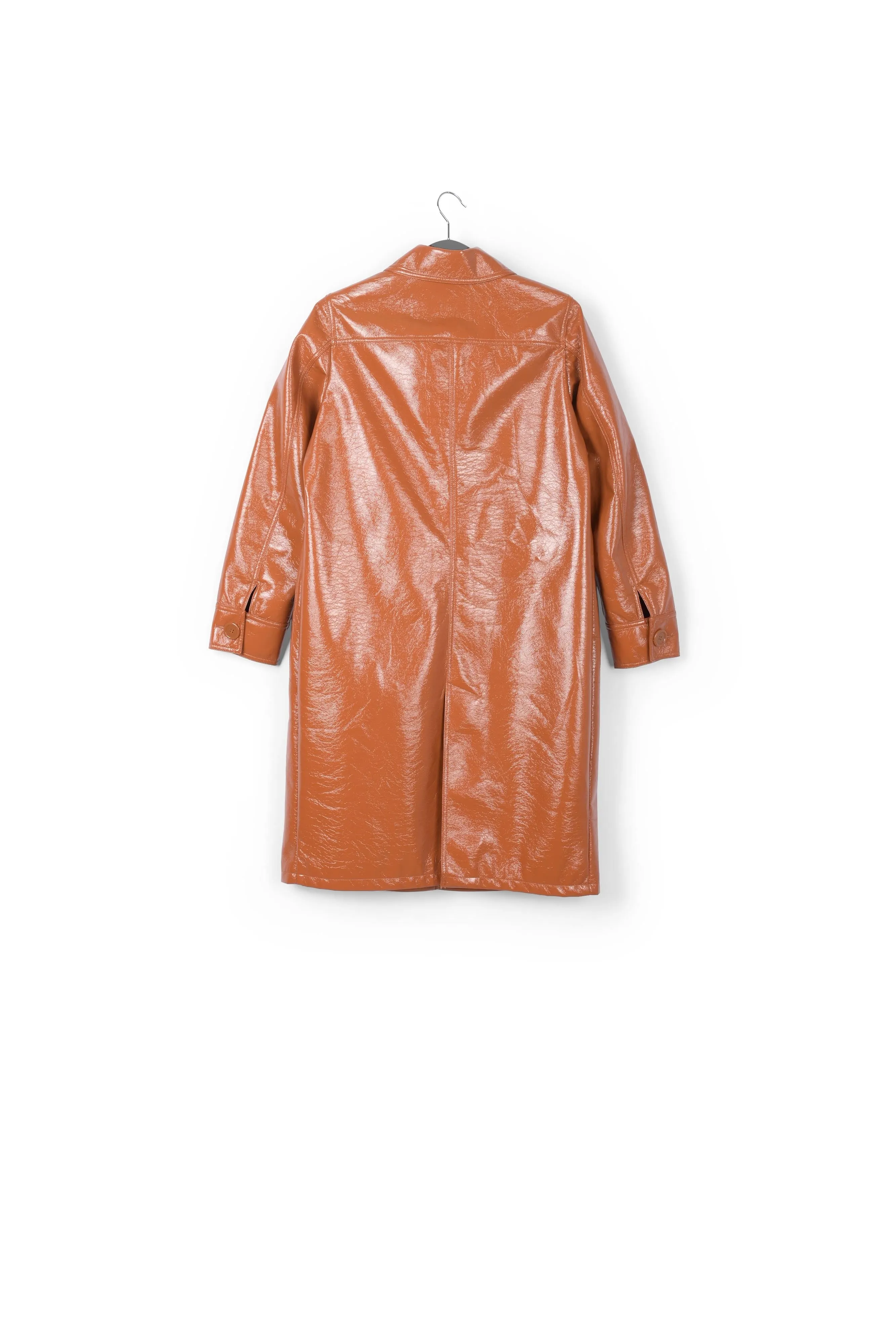 Brown faux patent-leather trench coat
