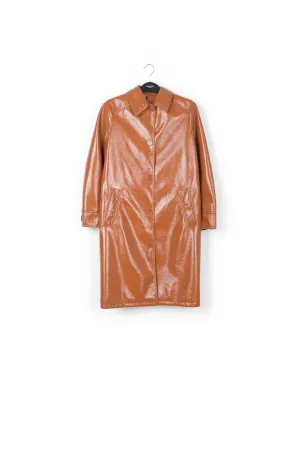Brown faux patent-leather trench coat
