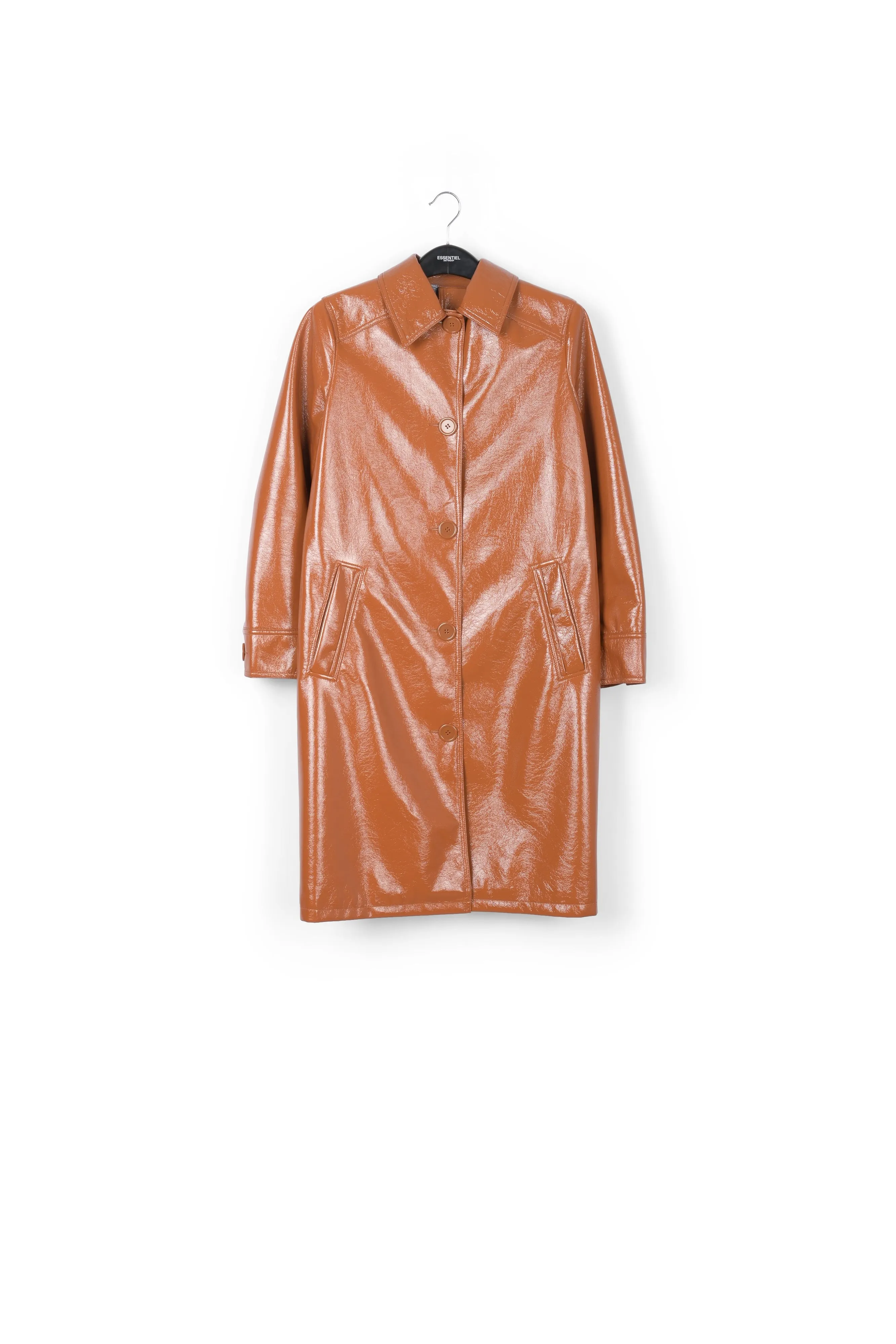 Brown faux patent-leather trench coat