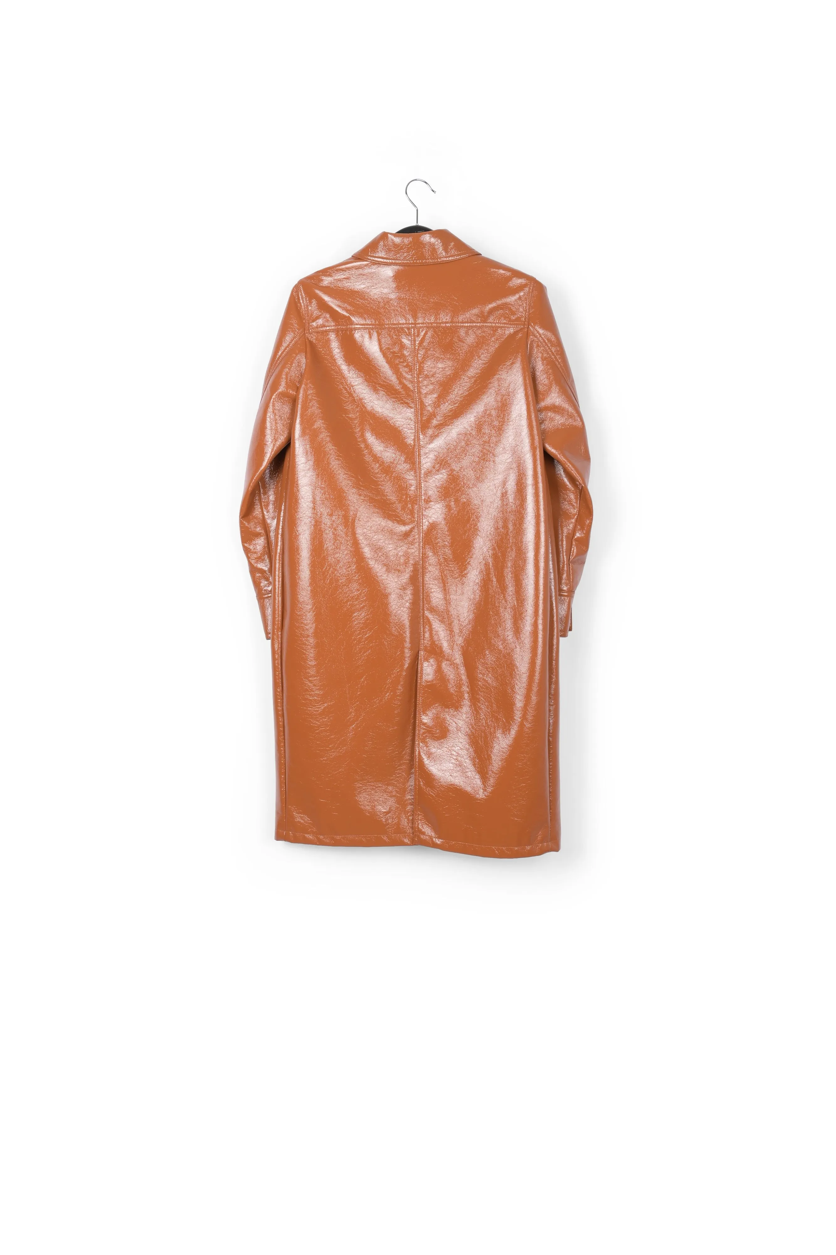 Brown faux patent-leather trench coat