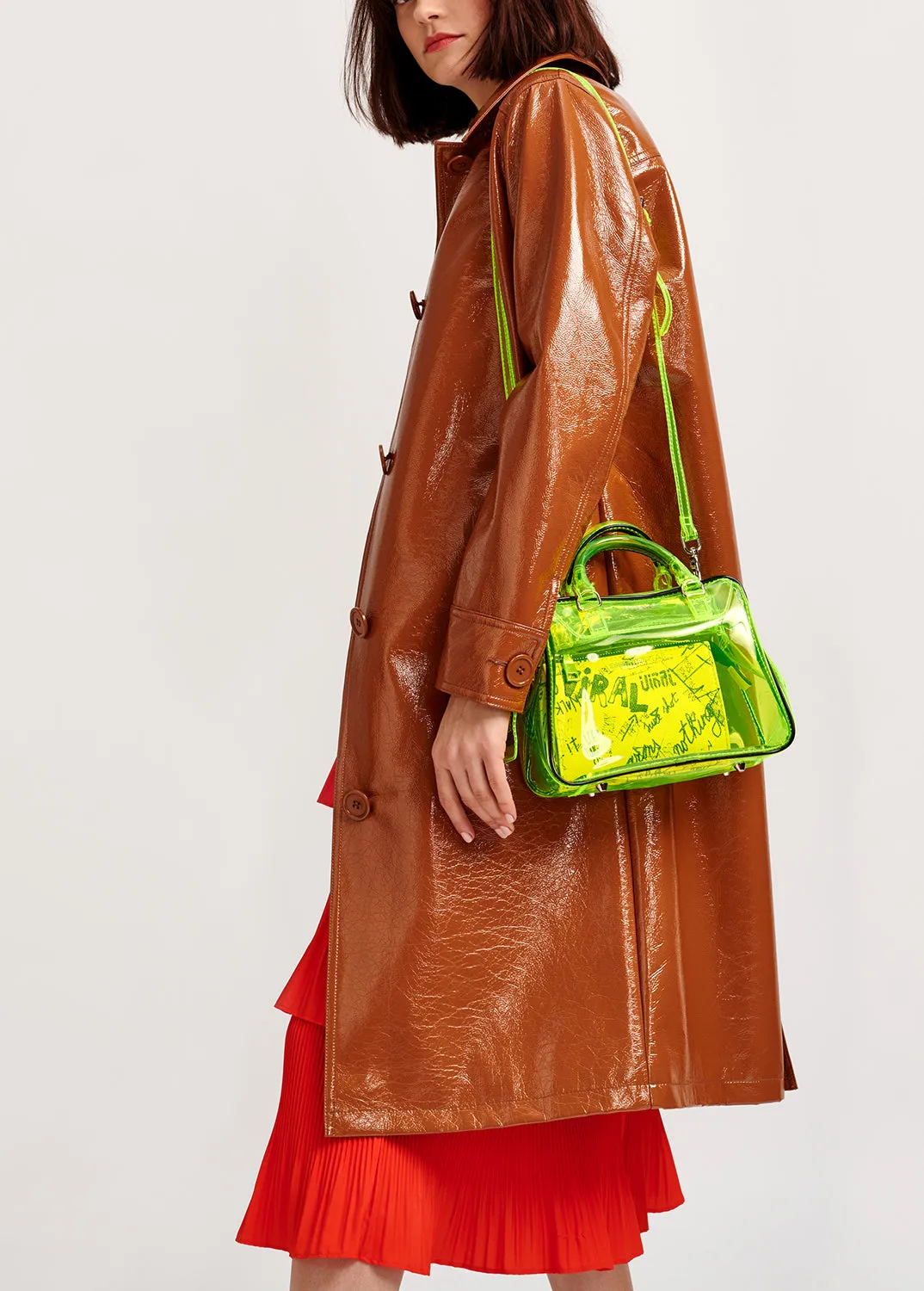 Brown faux patent-leather trench coat