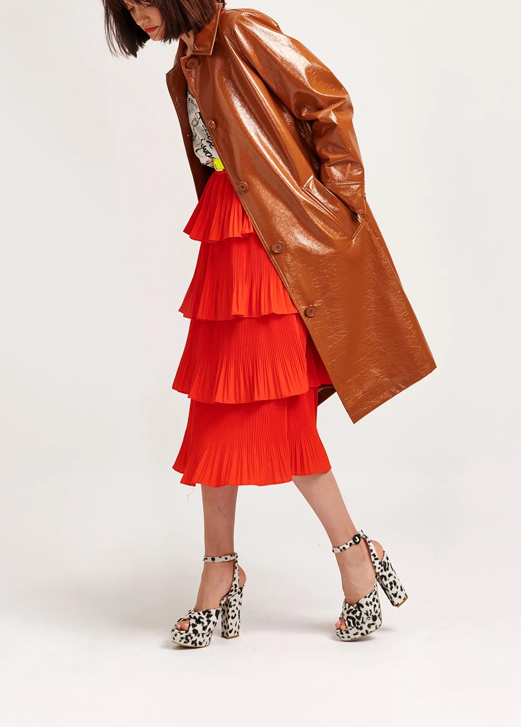 Brown faux patent-leather trench coat