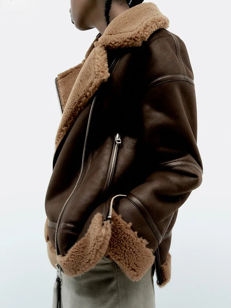 Brown Thick Warm Lapel Zipper Faux Leather Jacket