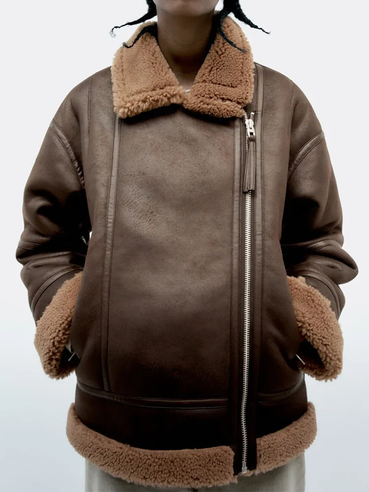 Brown Thick Warm Lapel Zipper Faux Leather Jacket