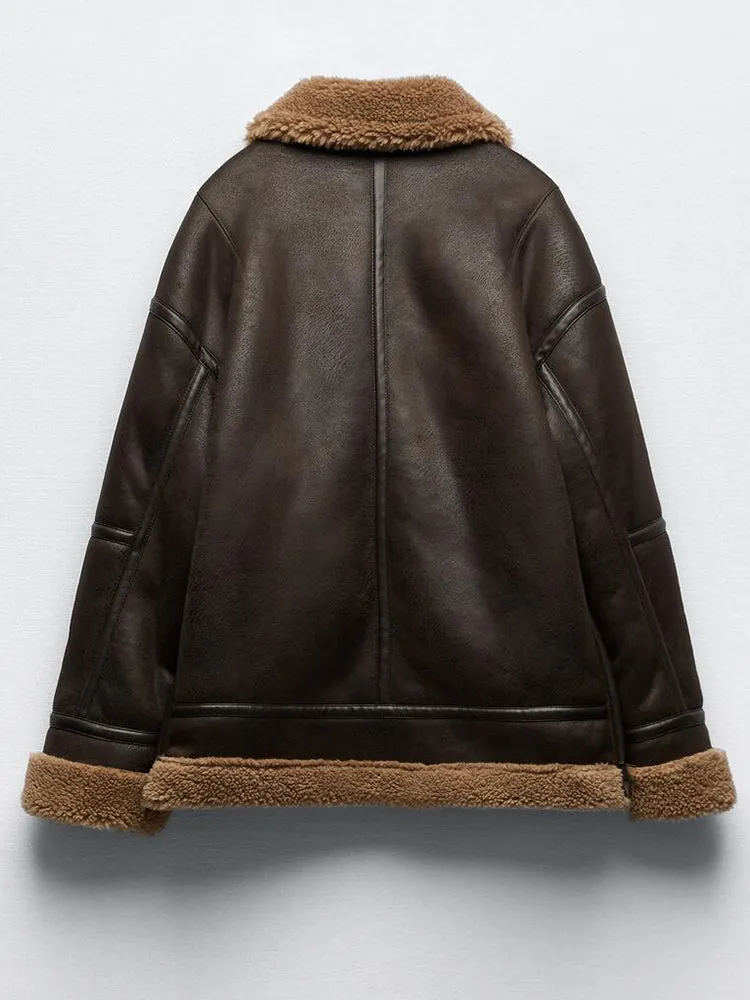 Brown Thick Warm Lapel Zipper Faux Leather Jacket