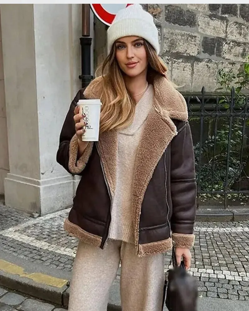 Brown Thick Warm Lapel Zipper Faux Leather Jacket