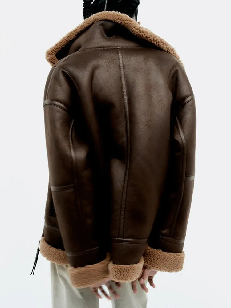 Brown Thick Warm Lapel Zipper Faux Leather Jacket