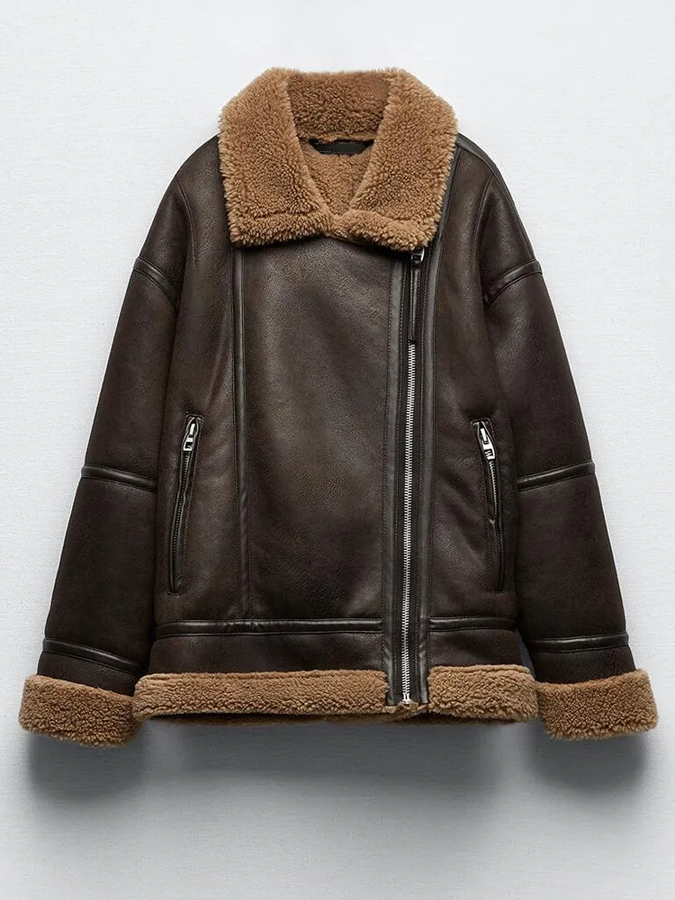 Brown Thick Warm Lapel Zipper Faux Leather Jacket