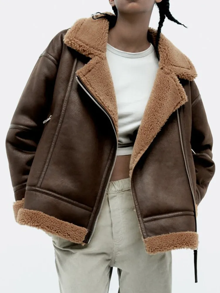 Brown Thick Warm Lapel Zipper Faux Leather Jacket