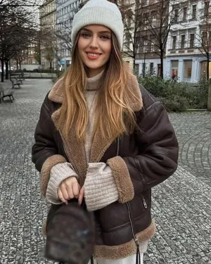 Brown Thick Warm Lapel Zipper Faux Leather Jacket
