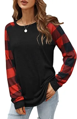 Buffalo Plaid Raglan Pullover Long Sleeve Shirt for Women