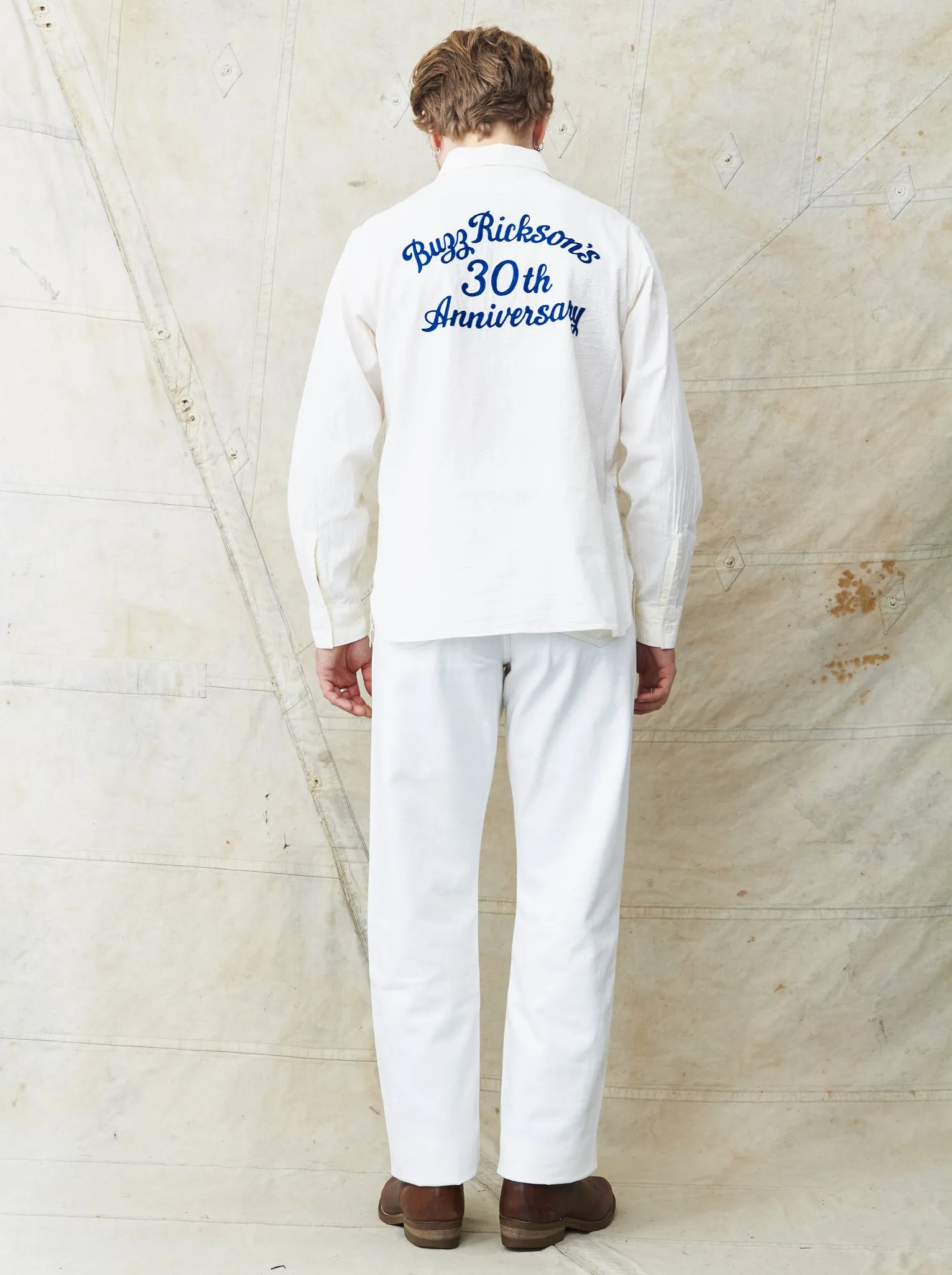 Buzz Rickson's White Chambray Work Shirt Blue 30th Anniversary With Embroidery BR29185
