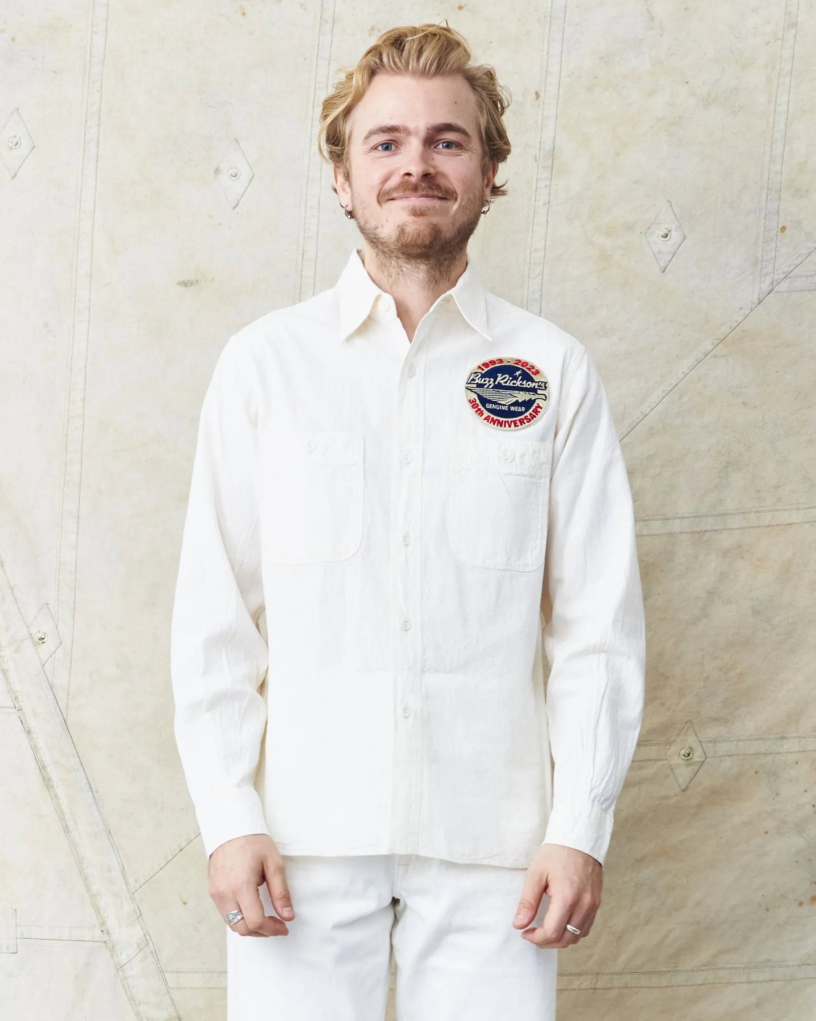 Buzz Rickson's White Chambray Work Shirt Blue 30th Anniversary With Embroidery BR29185