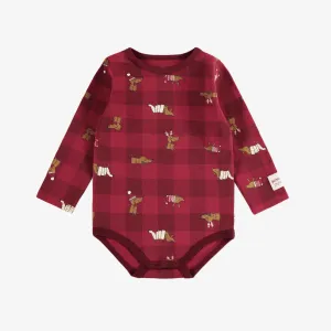 Cache-couche des fêtes rouge à carreaux en coton extensible, bébé || Red plaid holiday bodysuit in stretch cotton, baby