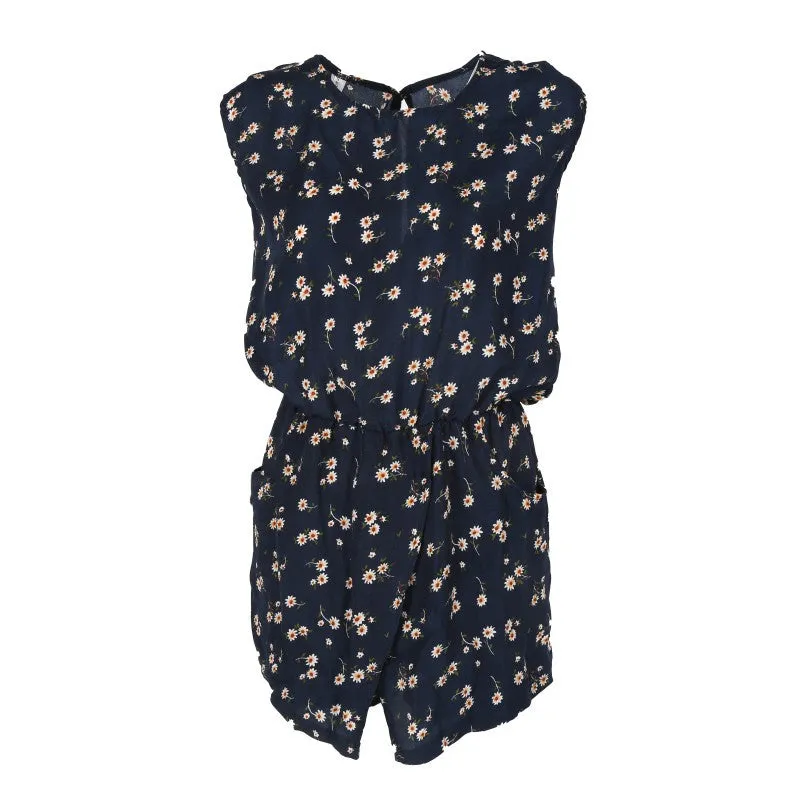 Casual Women Rompers Jumpsuit Bohemia Feminino Sleeveless Overalls Flower Print Shorts Bodysuit NW