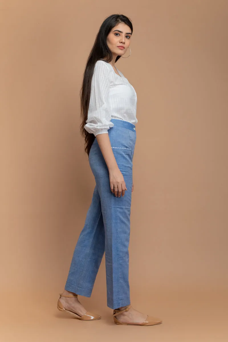 Chambray Blue Paneled Trousers in Sambalpur Handloom Cotton