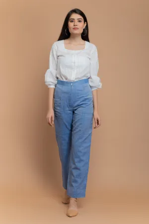 Chambray Blue Paneled Trousers in Sambalpur Handloom Cotton
