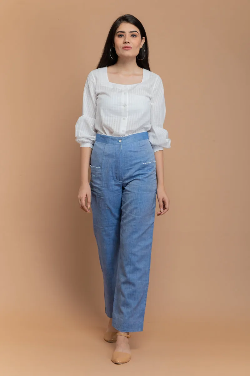 Chambray Blue Paneled Trousers in Sambalpur Handloom Cotton