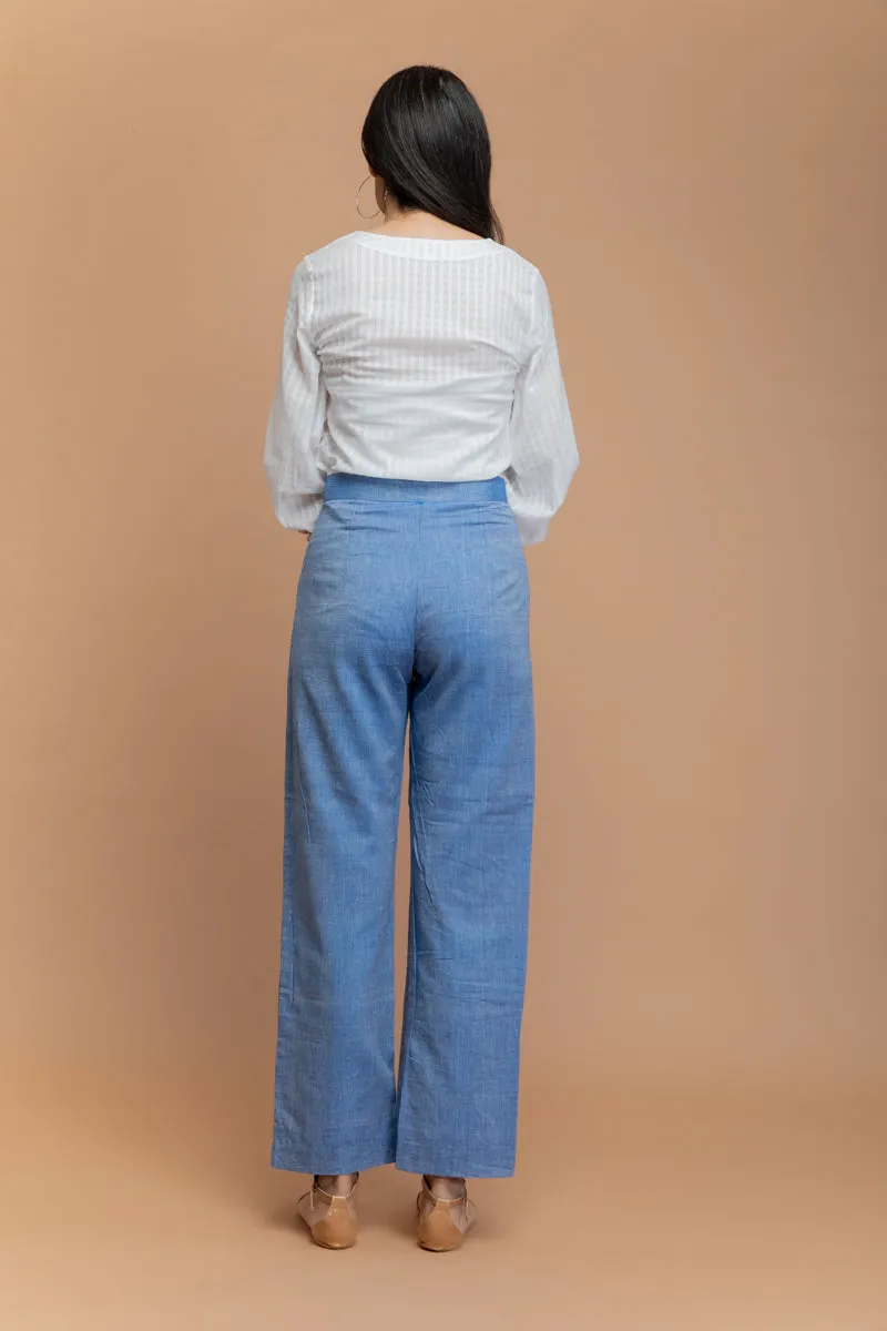 Chambray Blue Paneled Trousers in Sambalpur Handloom Cotton