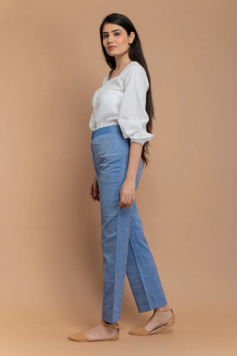 Chambray Blue Paneled Trousers in Sambalpur Handloom Cotton