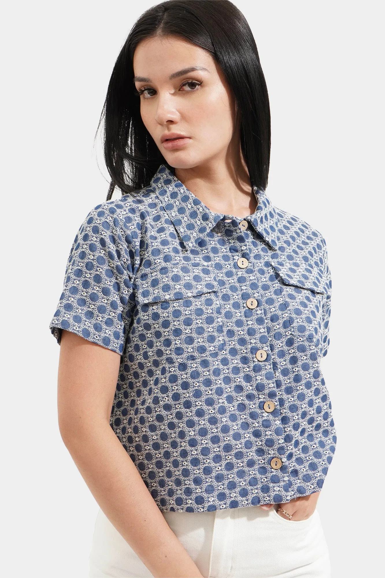 Chambray Eyelet Button Down Top