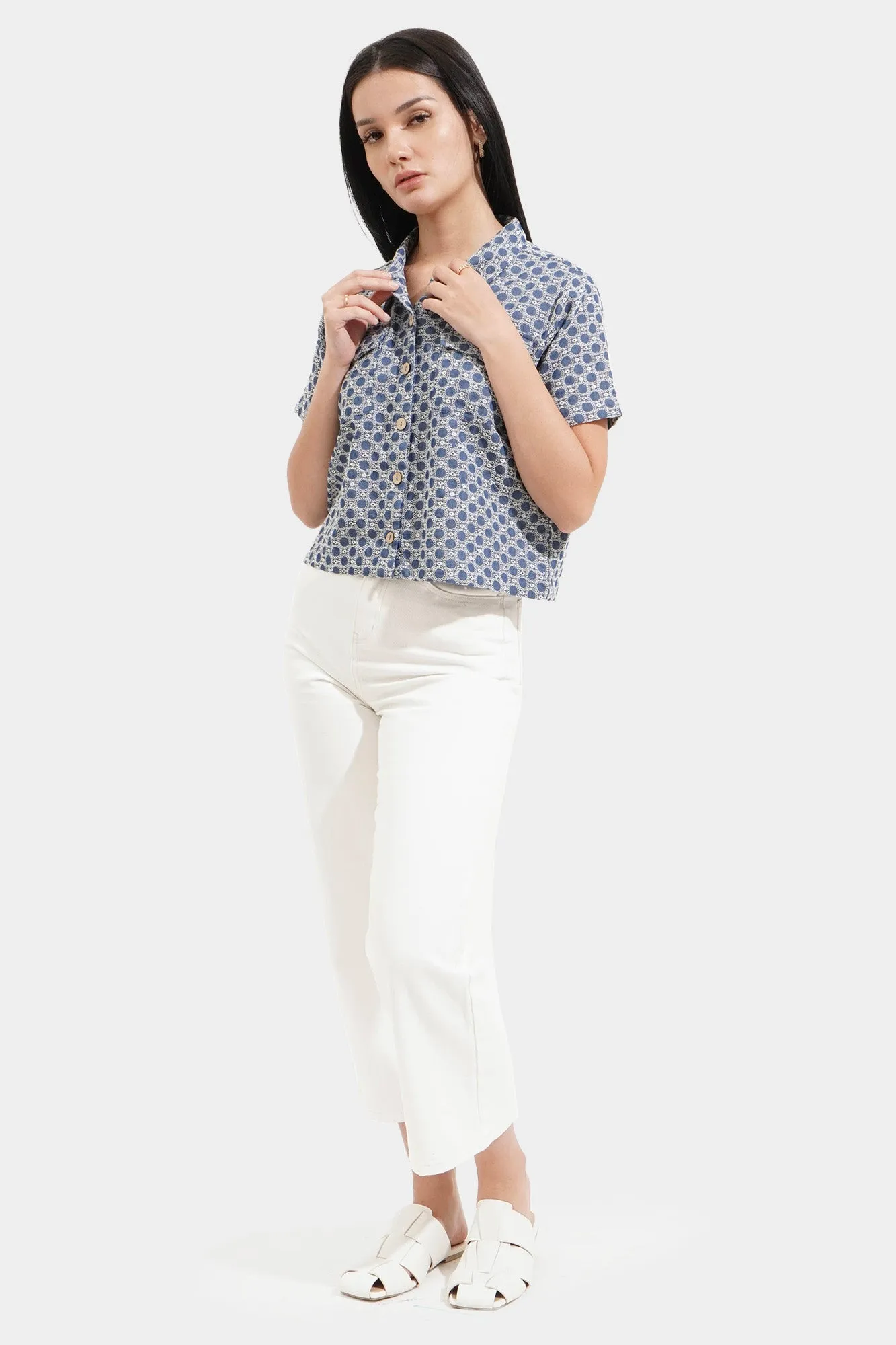 Chambray Eyelet Button Down Top