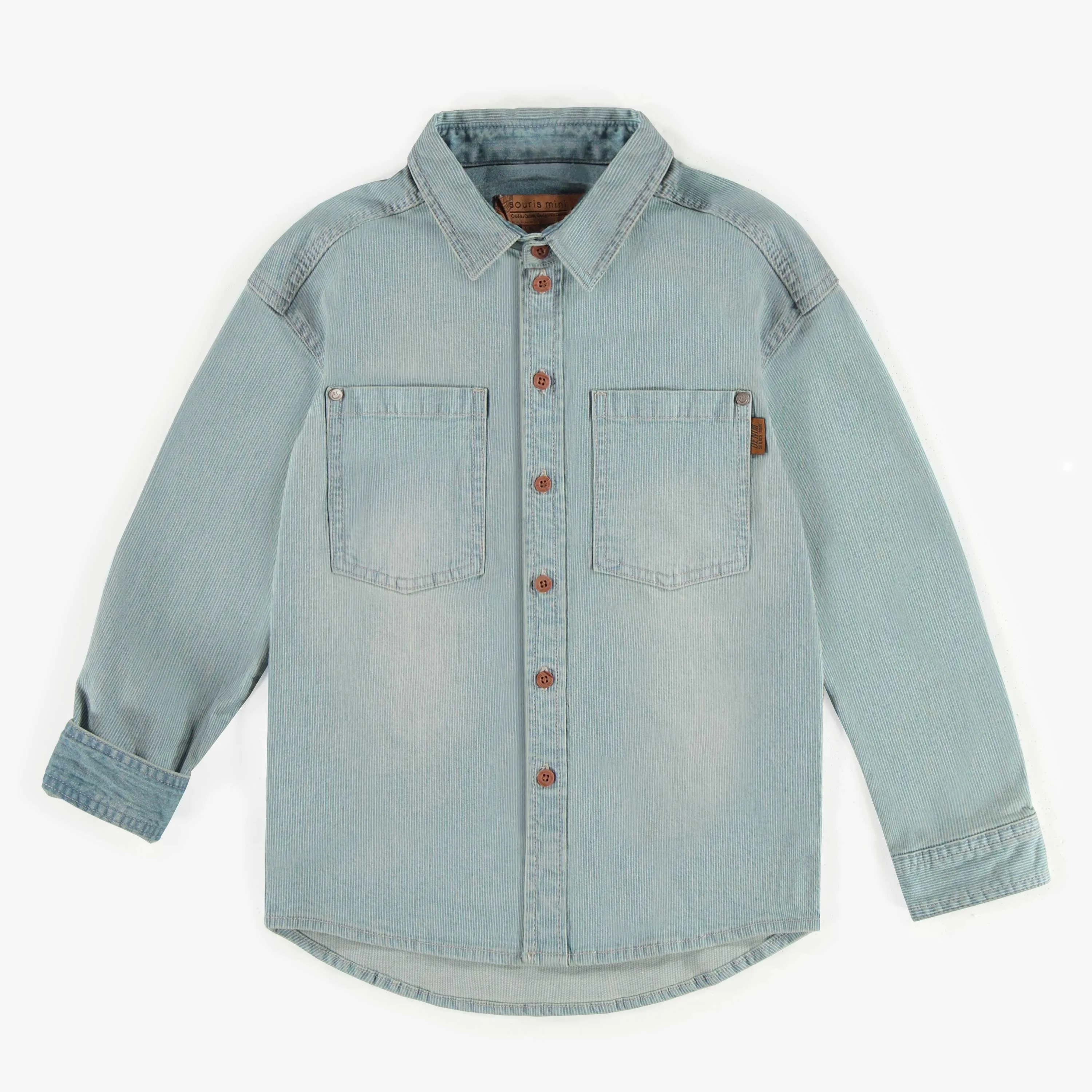 Chemise à manches longues coupe décontractée en denim à rayures bleu/crème, enfant || Long sleeved shirt relaxed fit in blue and cream striped denim, child