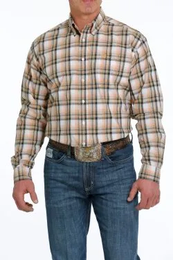 Cinch Men's Plaid Button-Down Western Shirt - White/Orange/Khaki