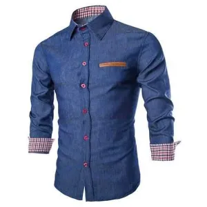 Color Block Plaid Hemming Panel Denim Shirt - Deep Blue M