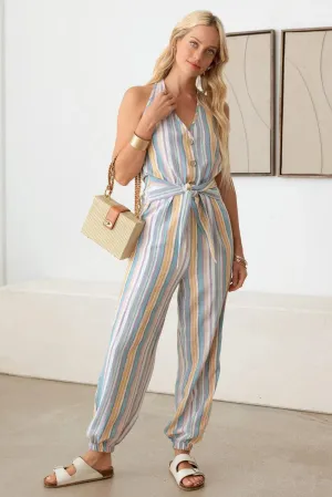 Colorful Stripe Front Tie Halter Vacation Jumpsuit