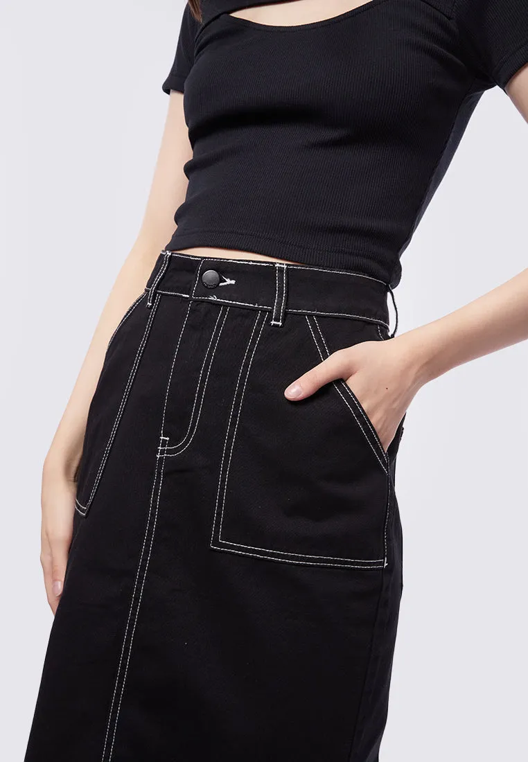 Contrast Stitch Midi Denim Skirt