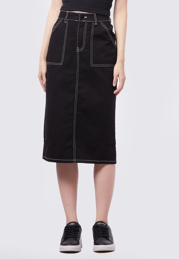 Contrast Stitch Midi Denim Skirt