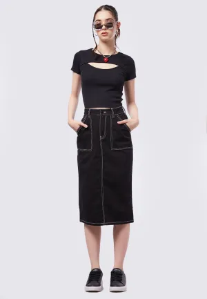 Contrast Stitch Midi Denim Skirt