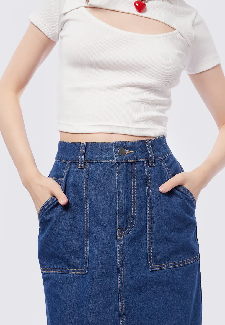 Contrast Stitch Midi Denim Skirt