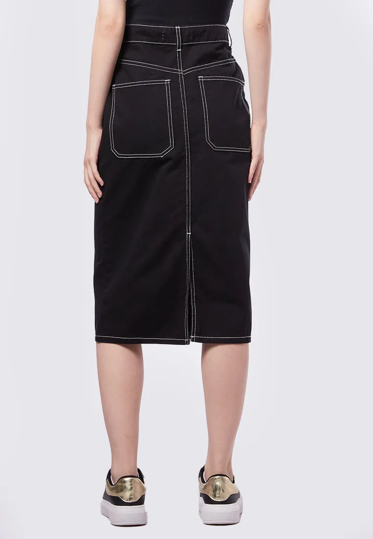Contrast Stitch Midi Denim Skirt