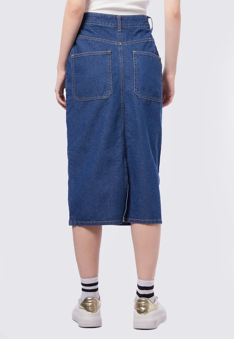 Contrast Stitch Midi Denim Skirt