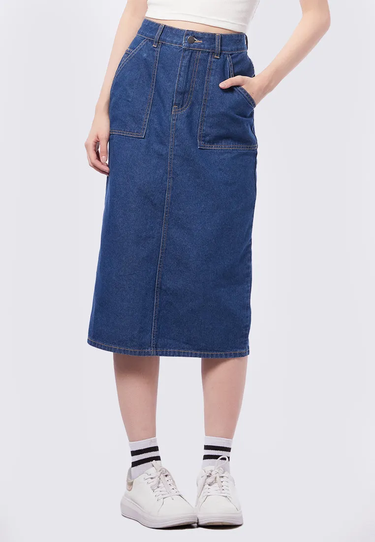 Contrast Stitch Midi Denim Skirt