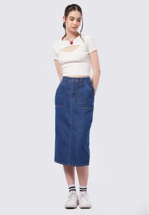 Contrast Stitch Midi Denim Skirt