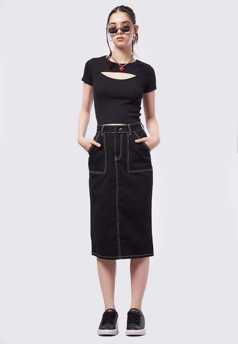 Contrast Stitch Midi Denim Skirt